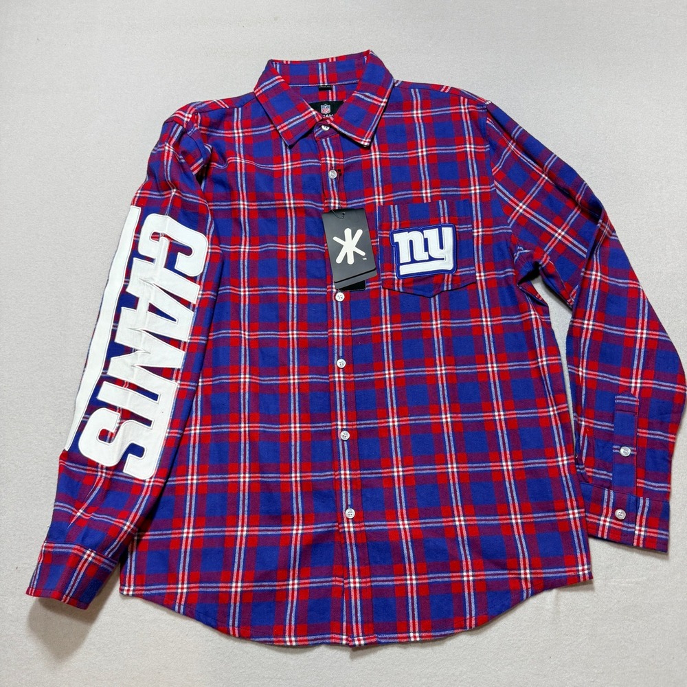 NFL Team Apparel New York Giants Plaid Flannel Shirt Mens Medium Blue Red KLEW